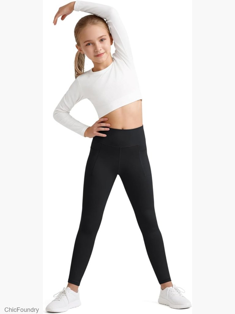 Girls High Waist Athletic Yoga Leggings With Pockets Skinny Fit Tights